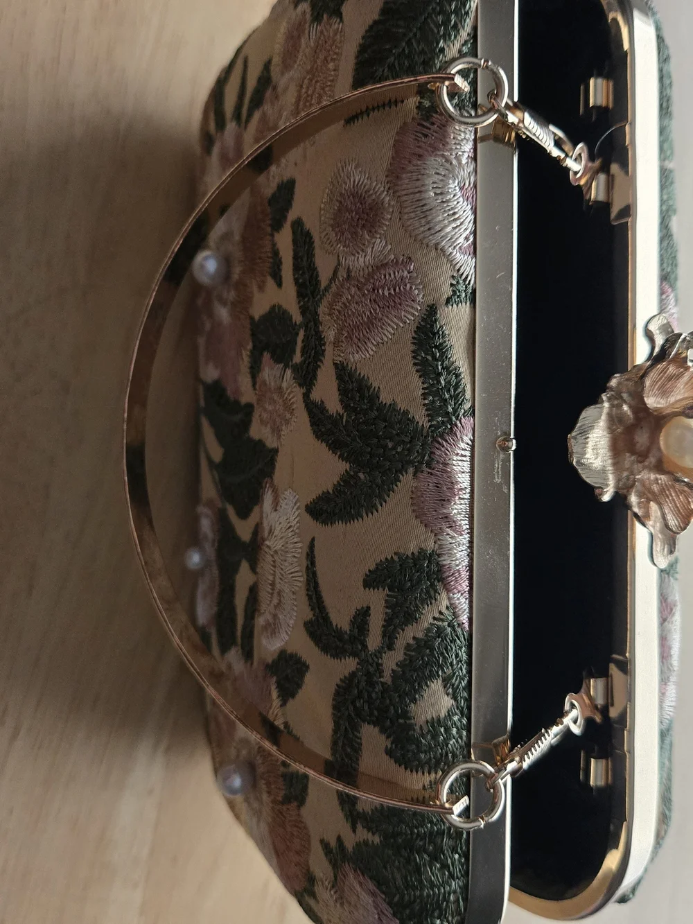 Source Unknown Pink and Green Floral Embroidered Clutch with Pearl Accents